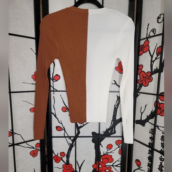 STAUD Colorblock Ribbed Contrast VNeck Sweater - White and Brown - Picture 5 of 10